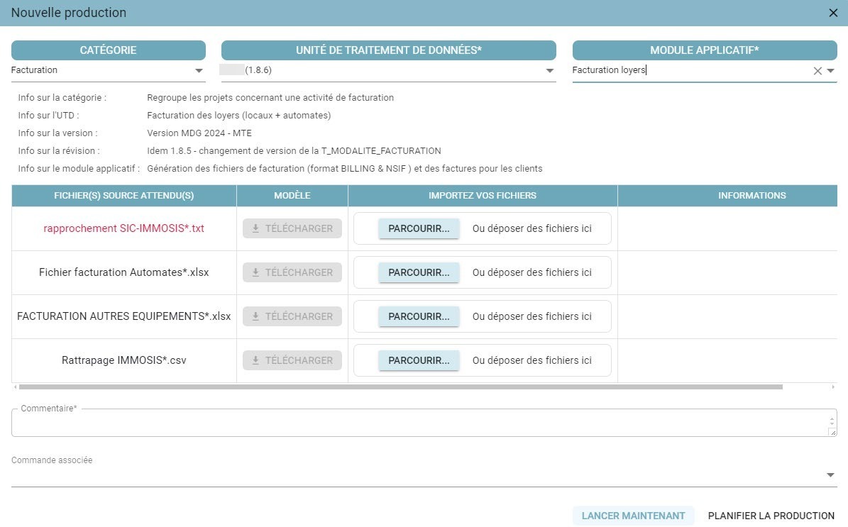 Popup for creating a new production, with the Category, Data Processing Unit, Application Module fields and the source file import area