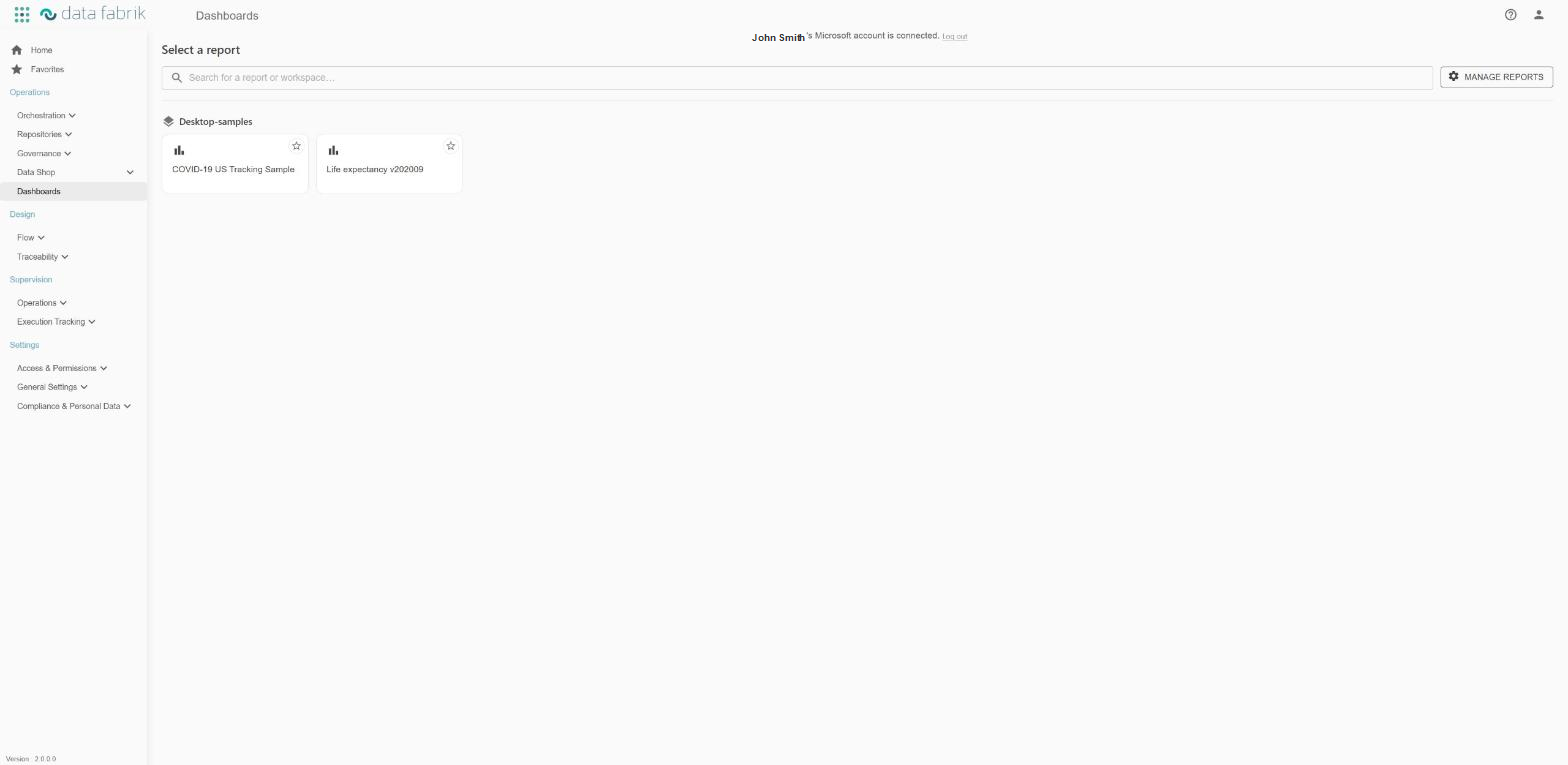 Report selection page: search bar, Desktop-samples workspace, two reports displayed as cards and the Manage reports button