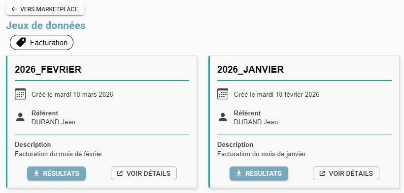 List of datasets associated with a Data Product, with Results and View details buttons