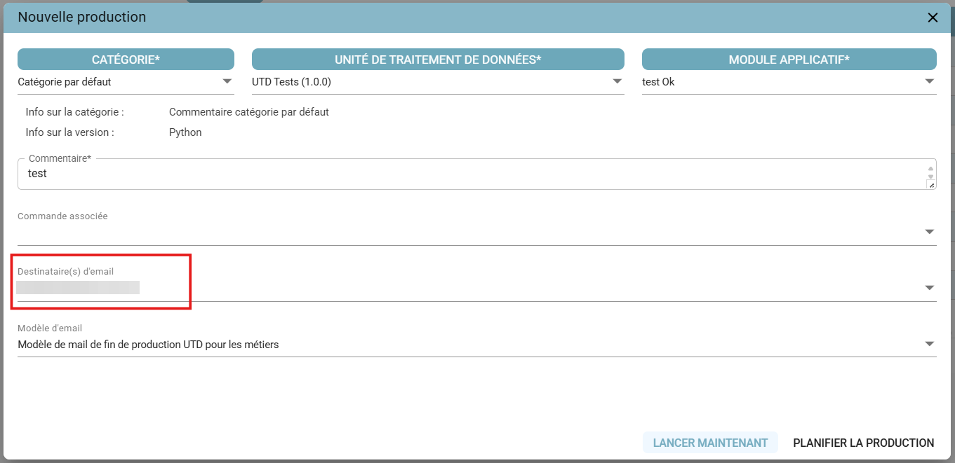 Email Recipient(s) field in the New production window