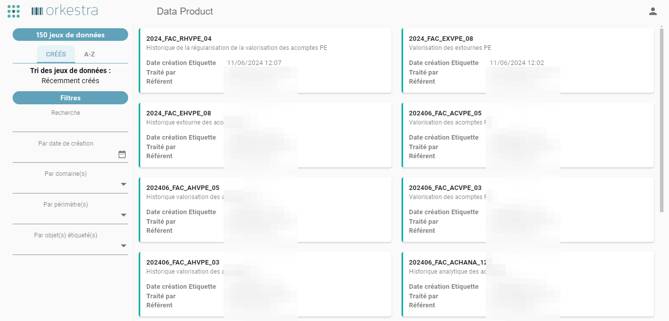 Tag list screen with filters and datasets displayed as cards
