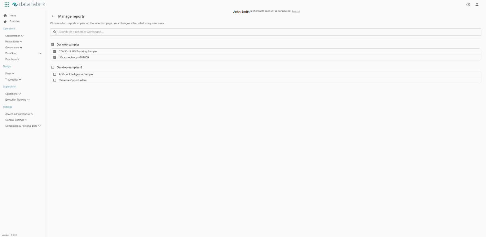Manage reports page: list of workspaces and their reports with checkboxes