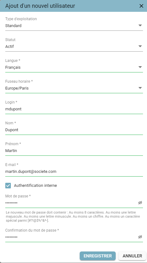 User creation pop-up with the Internal Authentication box checked and a password entered