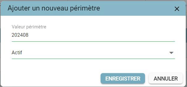 « Ajouter un nouveau périmètre » (Add a new scope) window with the Scope value and Status fields
