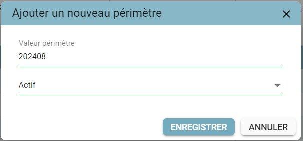 « Ajouter un nouveau périmètre » (Add a new scope) window with the Scope value and Status fields