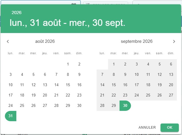 Date range filter with preset values (last 7 days, last 30 days, this month, last month, customize)