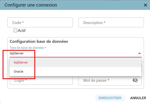 « Configurer une connexion » (Configure a connection) window with the Database type dropdown menu open, offering SqlServer and Oracle