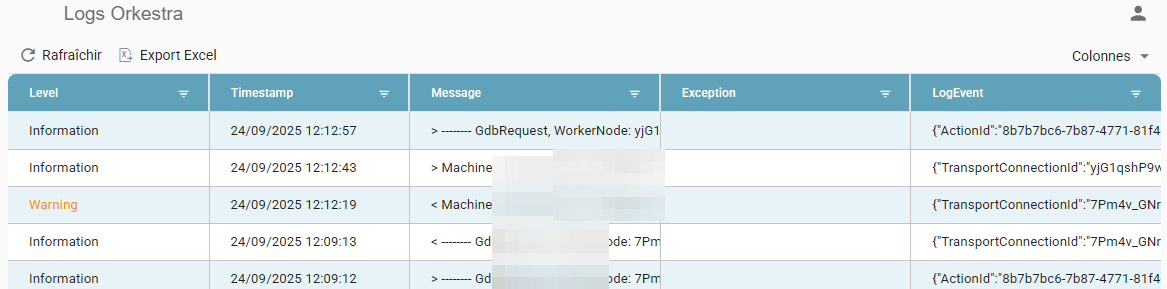 Orkestra Logs screen showing the level, timestamp, message, exception, and LogEvent
