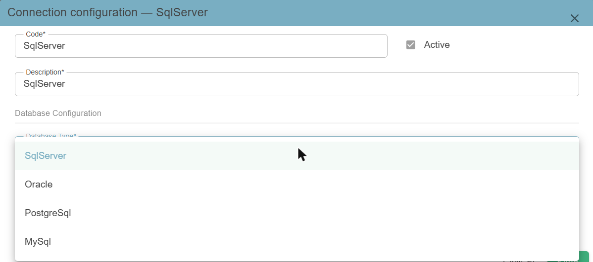 « Configurer une connexion » (Configure a connection) window with the Database type dropdown menu open, offering SqlServer, Oracle, PostgreSql, and MySql