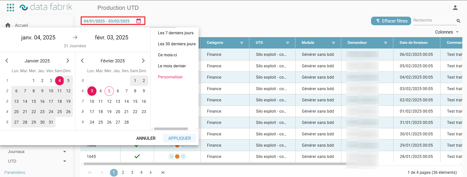 Date range filter with preset values (last 7 days, last 30 days, this month, last month, customize)