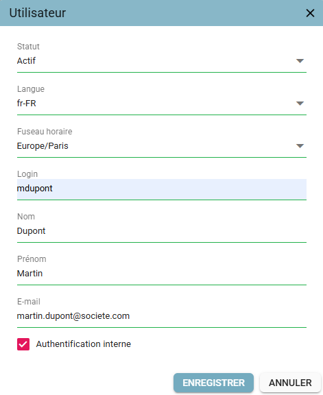 User creation pop-up with the fields filled in and the Internal Authentication box checked