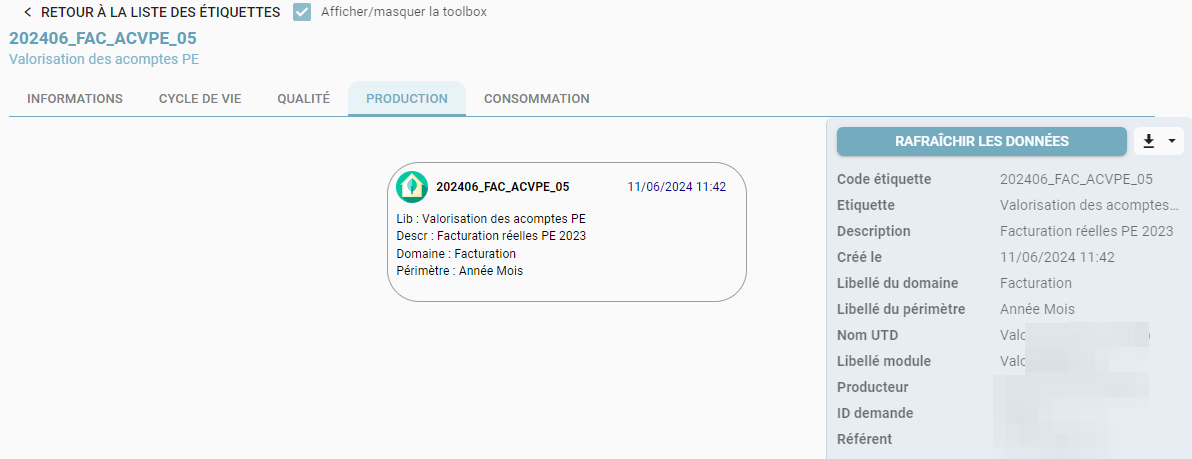 Production tab of a tag showing the tags that contributed to its creation