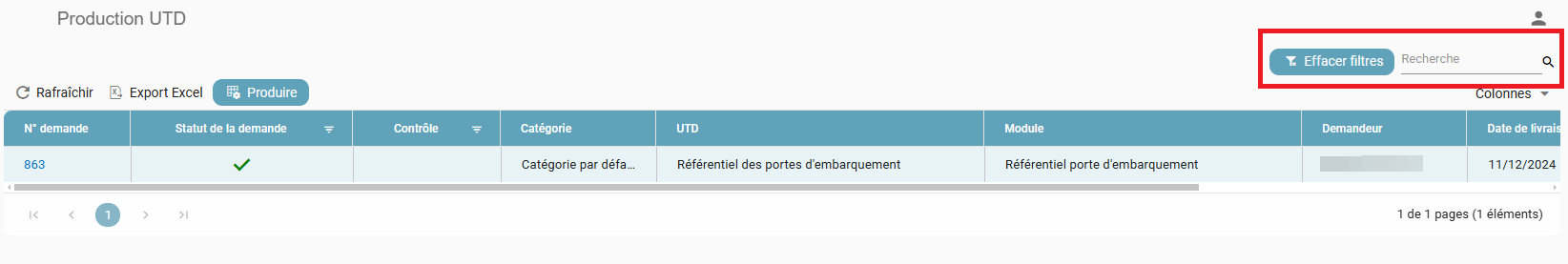 Clear filters buttons and Search bar in the top right of the UTD Production screen