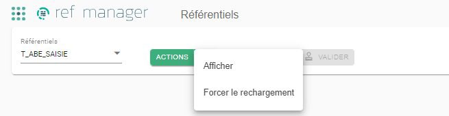 List of active configured reference tables and Actions menu with the Display (display the table content) and Force reload (reload the table from the database) options