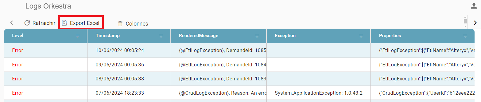 Export Excel button highlighted on the Orkestra Logs screen