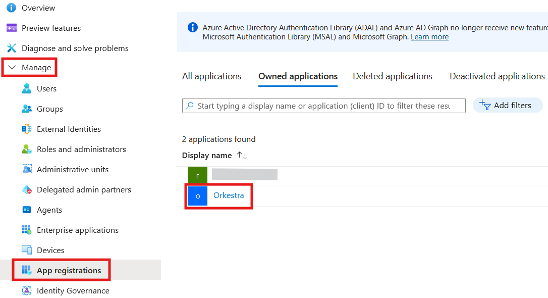App registrations list: Manage menu, App registrations page and the Orkestra application