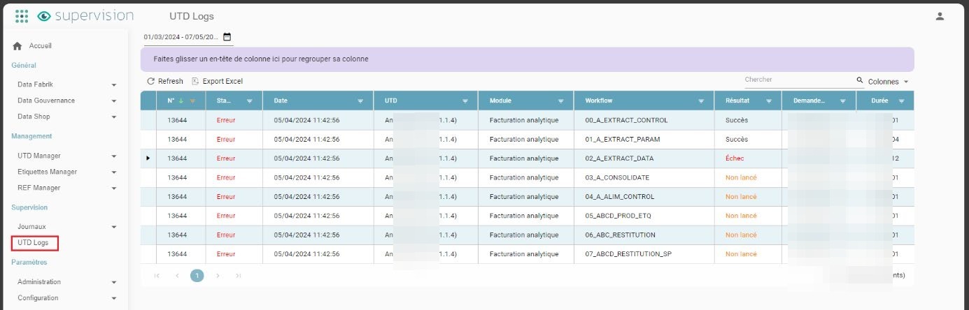 UTD supervision Logs screen with the Orkestra side menu and the production grid