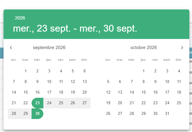 Date range picker showing a two-month calendar with the selected period
