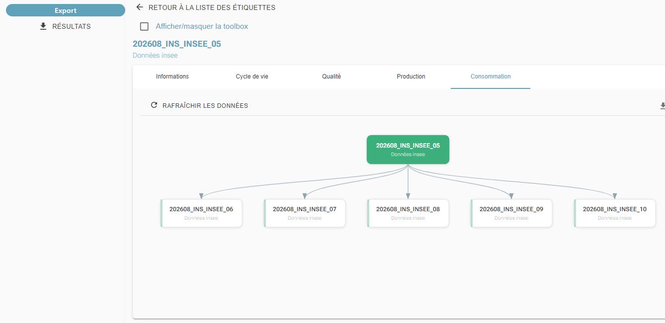 Consumption tab of a tag showing the tags derived from it