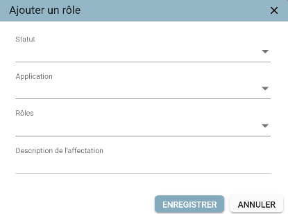 ‘Add a role’ pop-up with the Status, Application, Roles, and Assignment Description fields