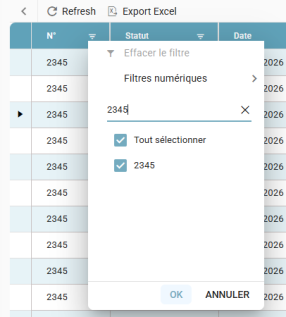 Search filter on the No. column for finding a production ID