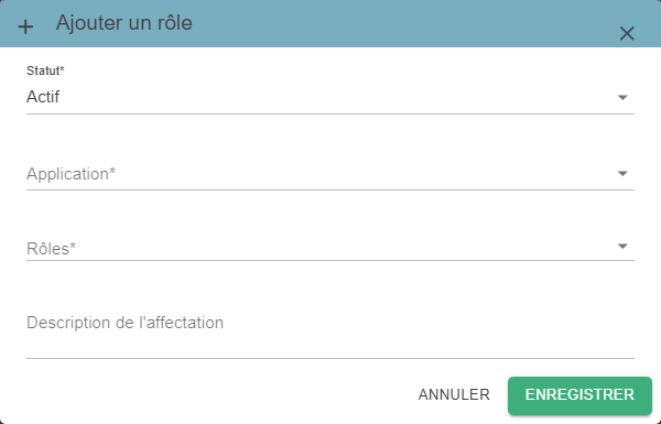 ‘Add a role’ pop-up with the Status, Application, Roles, and Assignment Description fields