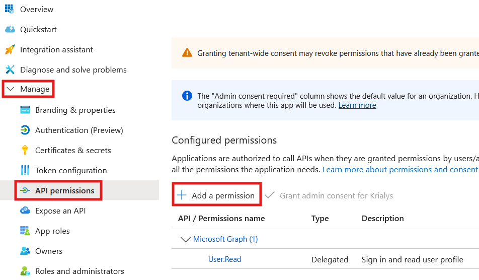 API permissions page of the application: Manage menu, API permissions page and Add a permission button