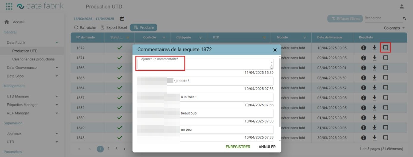 Popup listing a request's comment history, with author and creation date for each comment
