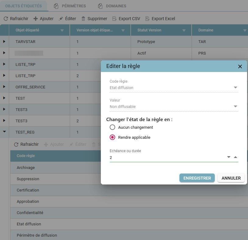"Edit Rule" window with the "Rendre applicable" (Make applicable) option and entry of a deadline or duration