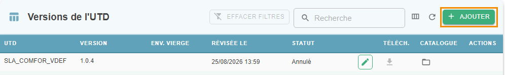 Add button highlighted in the toolbar of the UTD versions table
