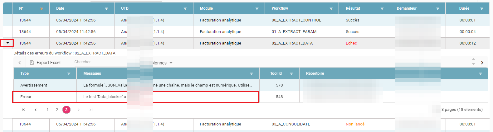 Error details of a failed workflow, with the expand arrow and the error message highlighted
