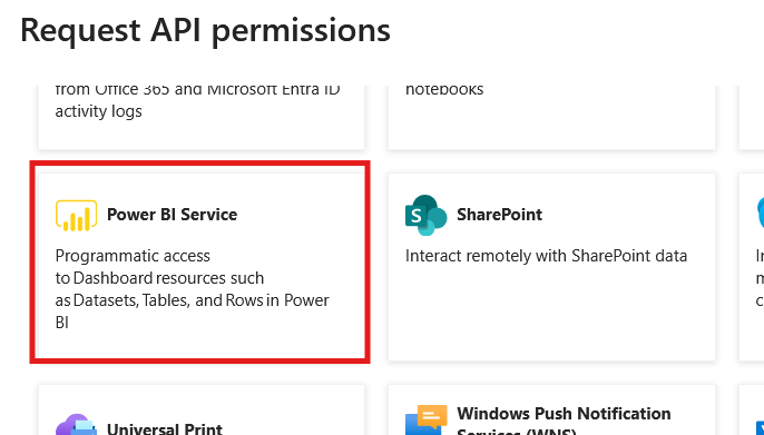 Request API permissions list with the Power BI Service card highlighted