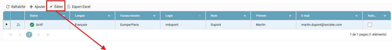 Selecting a user row and clicking the Edit button