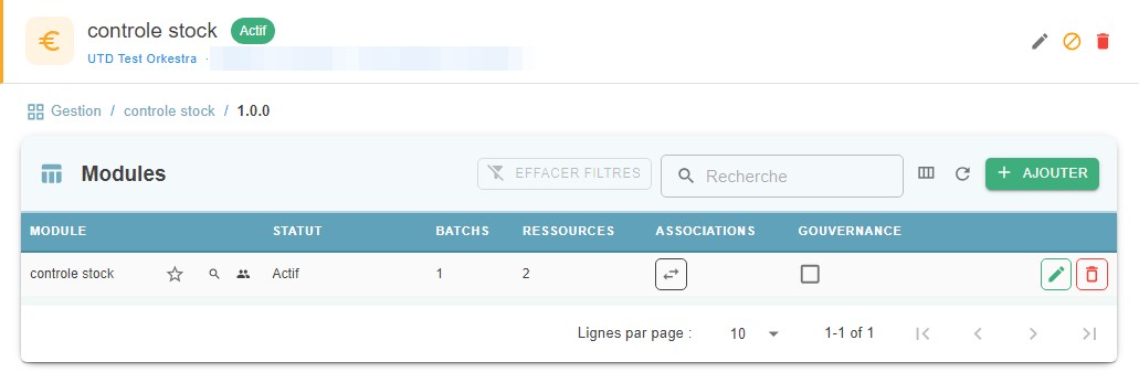 Module table of a UTD version in Design > Flow > Processing, with the "Gouvernance" (Governance) column (shown via the column selector)