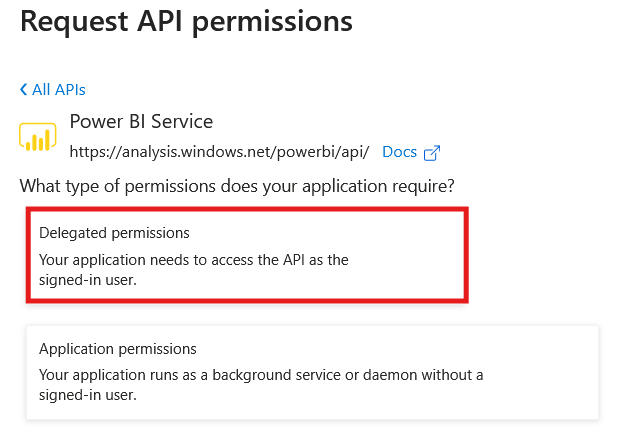 Permission type choice: Delegated permissions highlighted