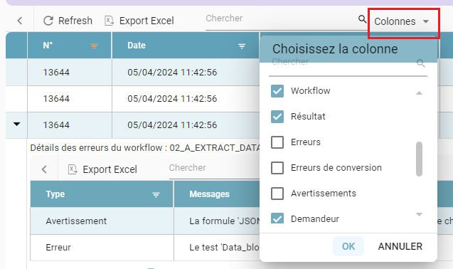 Columns menu for choosing which columns are displayed in the grid