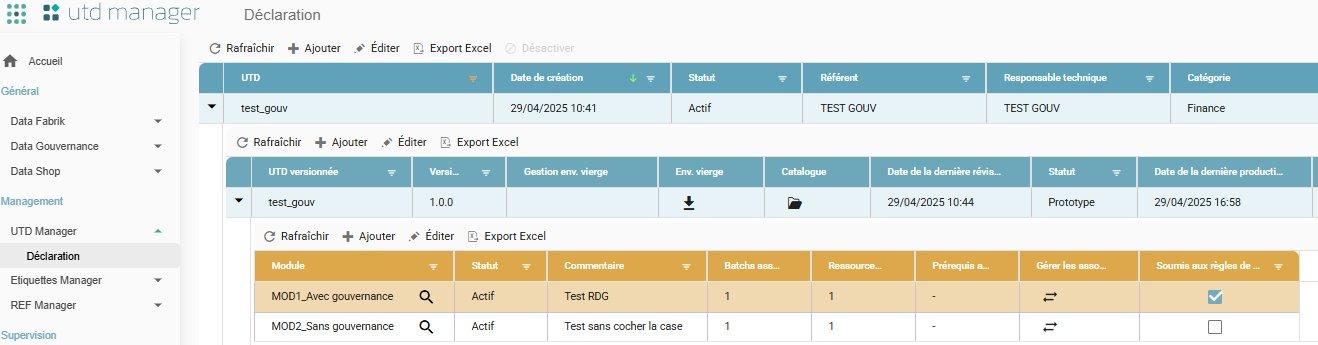 Module table in UTD Manager > Declaration, with the "Soumis aux règles de gouvernance" (Subject to governance rules) column