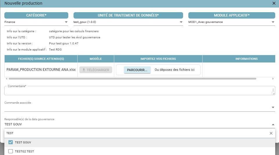 New production creation screen, with the "Responsable(s) de la data gouvernance" (Data governance owner(s)) field