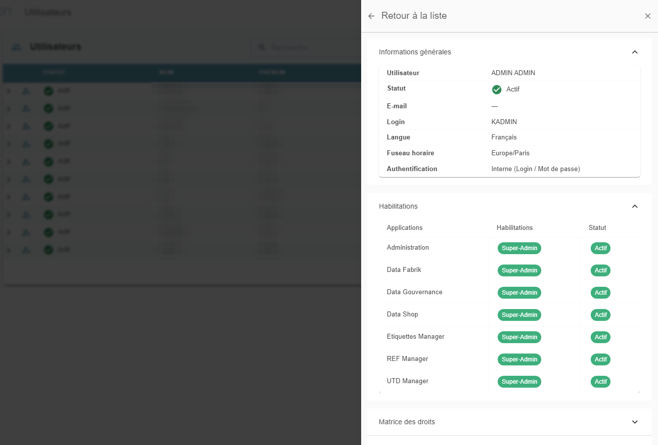 Detailed view (360° view) of a user showing their general information and permissions