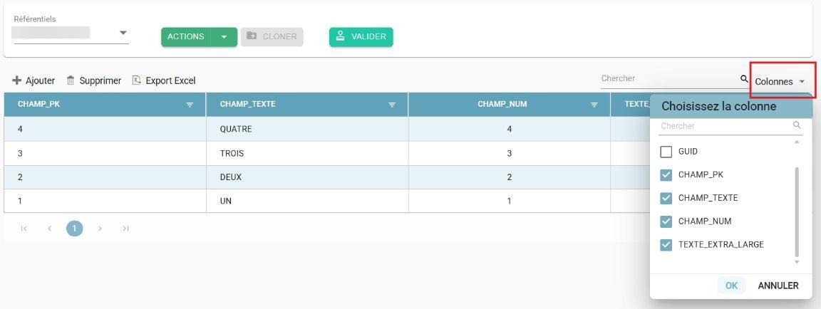 Columns dropdown menu for checking or unchecking the columns to display in a reference table grid