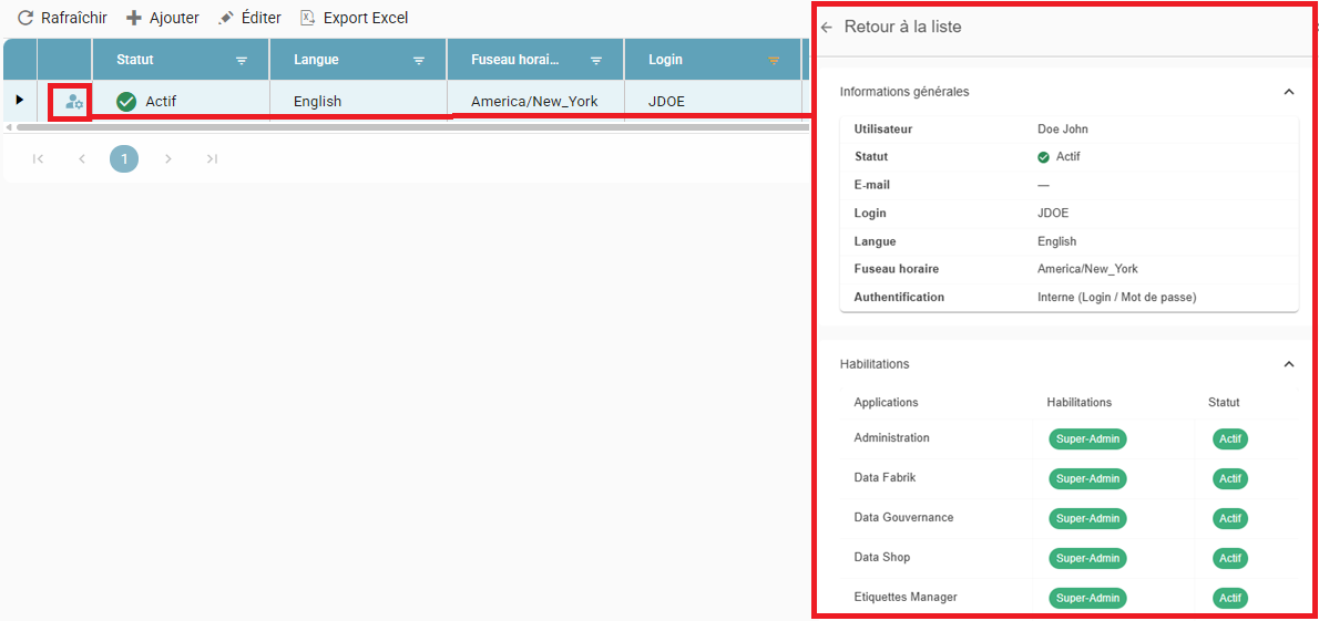 Detailed view (360° view) of a user showing their general information and permissions