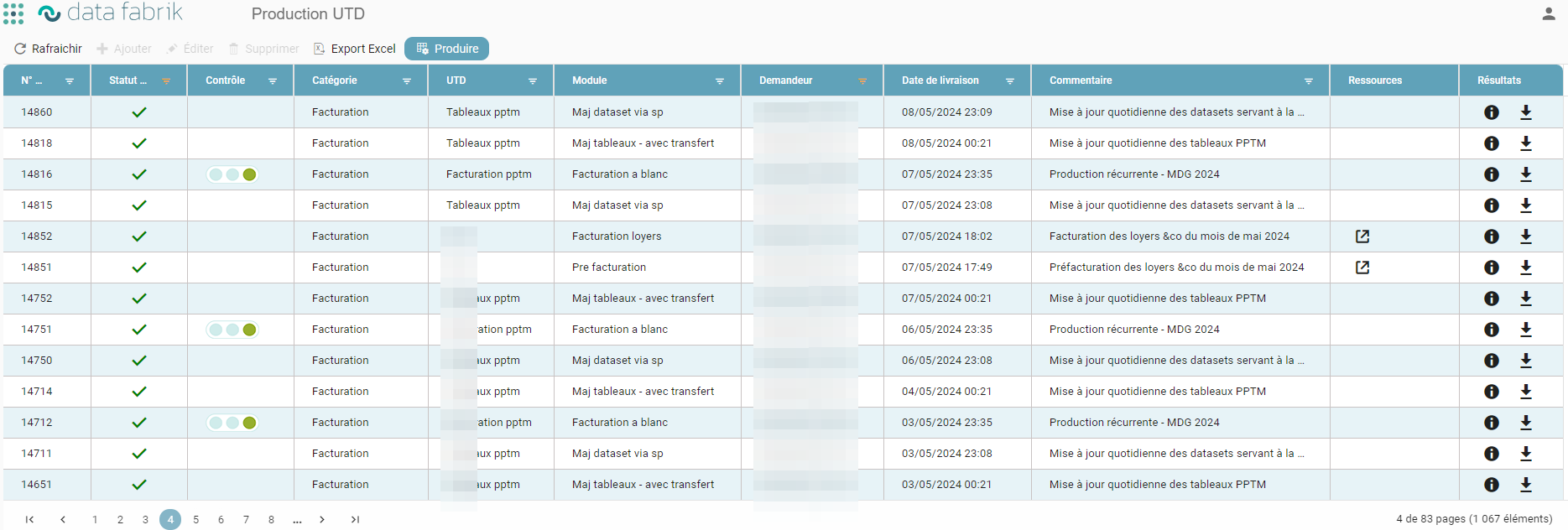 Production tracking screen with the request grid and the Control, Resources, and Results columns