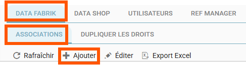 Data Fabrik and Associations tabs on the Permissions page, with the + Add button