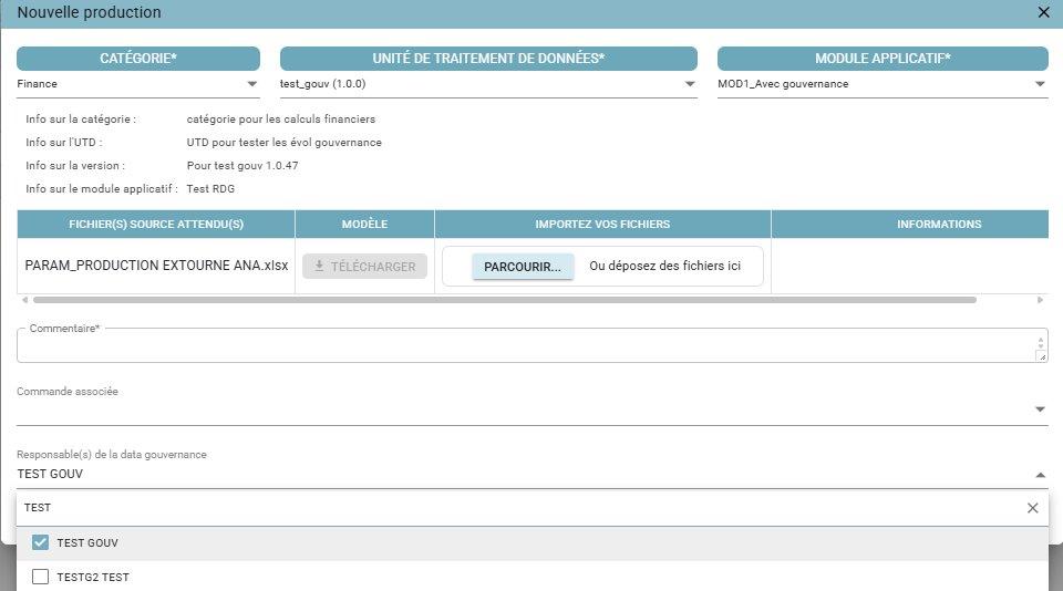 New production creation screen, with the "Responsable(s) de la data gouvernance" (Data governance owner(s)) field