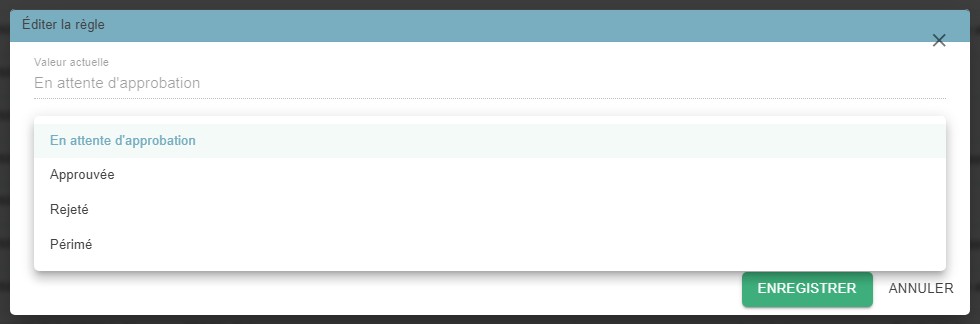 "Edit Rule" window showing the current value and the list of possible values (example of the Approval rule)