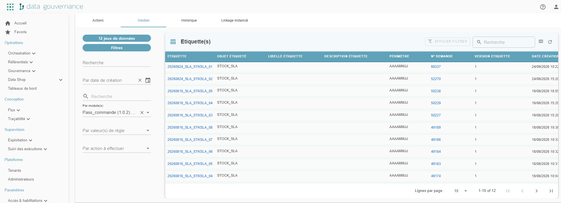 Management tab filtered by UTD module, listing the matching labels