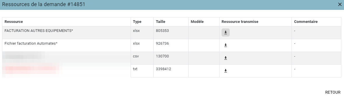 Request resources popup, listing the uploaded input files with their type, size, and download button