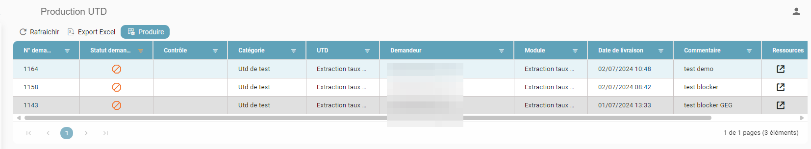 Production grid with the stopped-request status icon in the Request status column