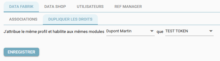 ‘Duplicate Rights’ tab filled in with the target user and the template user