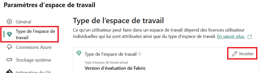 Workspace settings: Workspace type section and Edit button